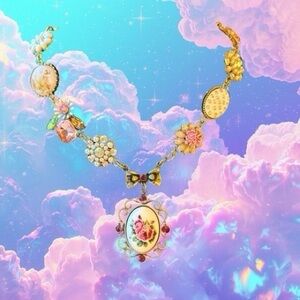 Vintage Handmade Floral Charm Necklace | Gold Tone | Pearl & Rhinestone